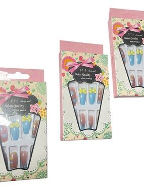 New Pink and Blue Floral False Nail Set - 3sets